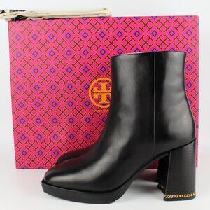 New TORY BURCH High Heel Leather Booties- Ankle Boots with Chain Accent